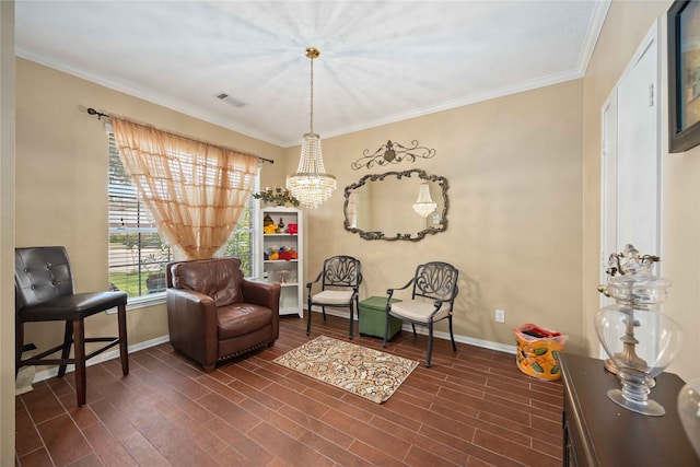 sitting room featuring crown molding, an inviting chandelier, and dark hardwood / wood-style flooring