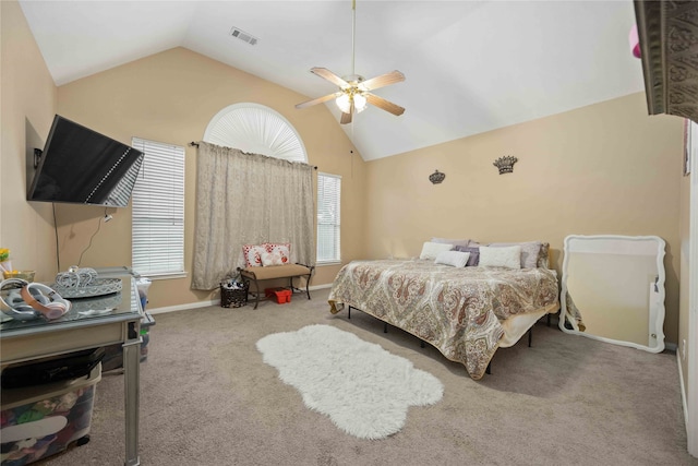 bedroom featuring vaulted ceiling, carpet flooring, and ceiling fan