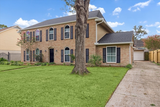 colonial house featuring a garage and a front lawn