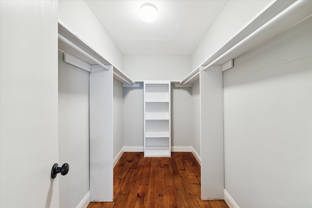 walk in closet with dark wood-type flooring