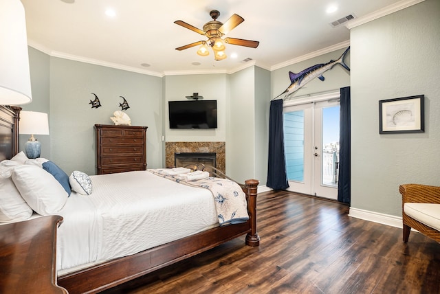 bedroom with french doors, crown molding, ceiling fan, access to exterior, and dark hardwood / wood-style flooring