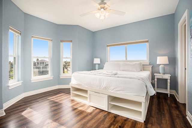 bedroom featuring ceiling fan, dark wood-type flooring, and multiple windows