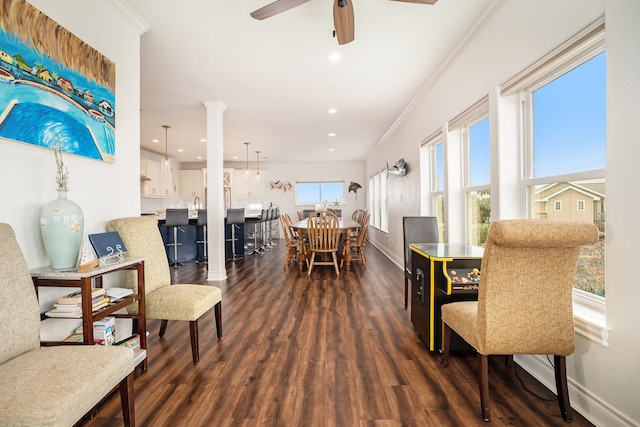 dining area featuring decorative columns, a wealth of natural light, ceiling fan, and dark hardwood / wood-style floors