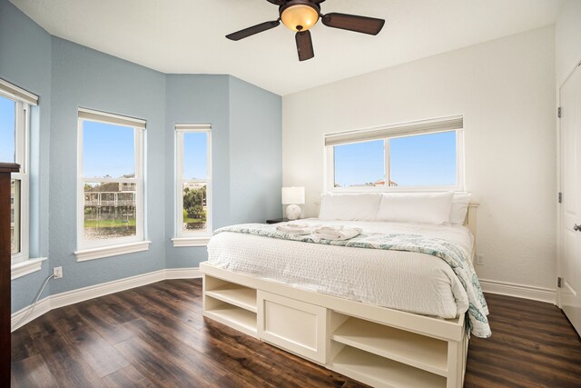 bedroom with multiple windows, dark hardwood / wood-style floors, and ceiling fan