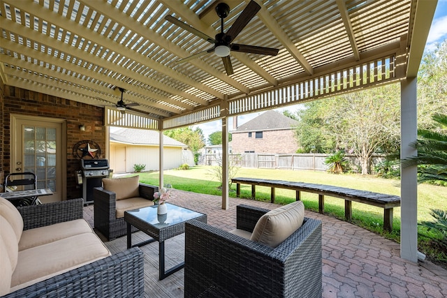 view of patio featuring outdoor lounge area, area for grilling, and ceiling fan