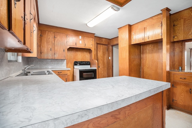 kitchen featuring tasteful backsplash, kitchen peninsula, sink, and white range with electric cooktop