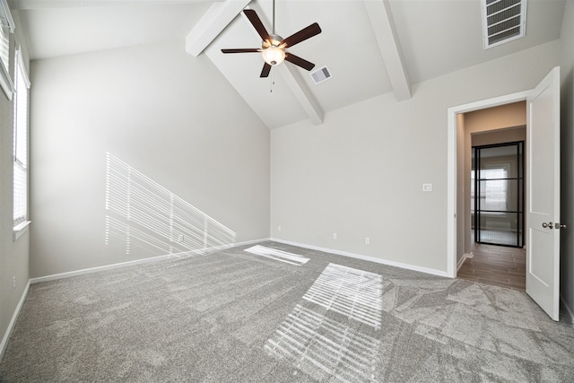 unfurnished living room featuring ceiling fan, beam ceiling, and carpet