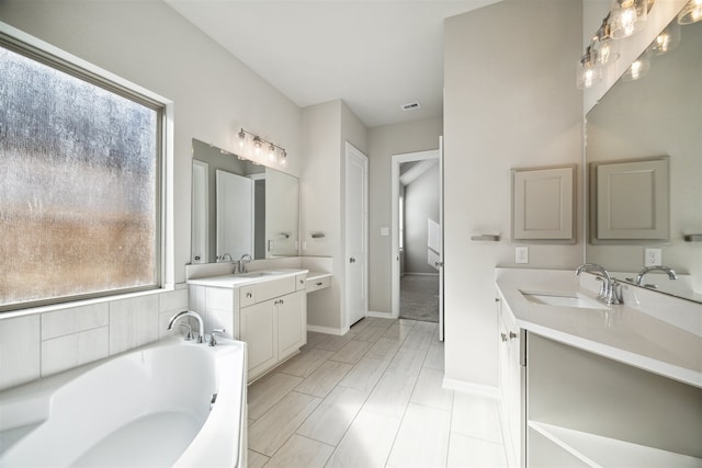 bathroom featuring vanity, a healthy amount of sunlight, and a bath