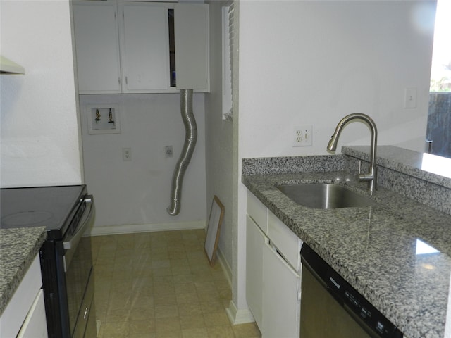 kitchen featuring black electric range, light stone counters, white cabinetry, sink, and stainless steel dishwasher