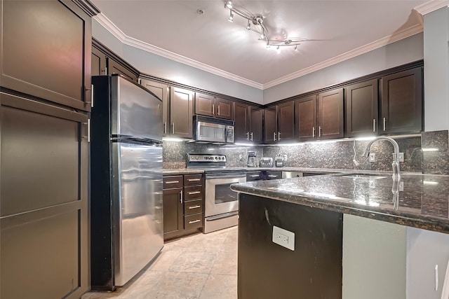 kitchen featuring crown molding, stainless steel appliances, backsplash, dark brown cabinetry, and dark stone countertops