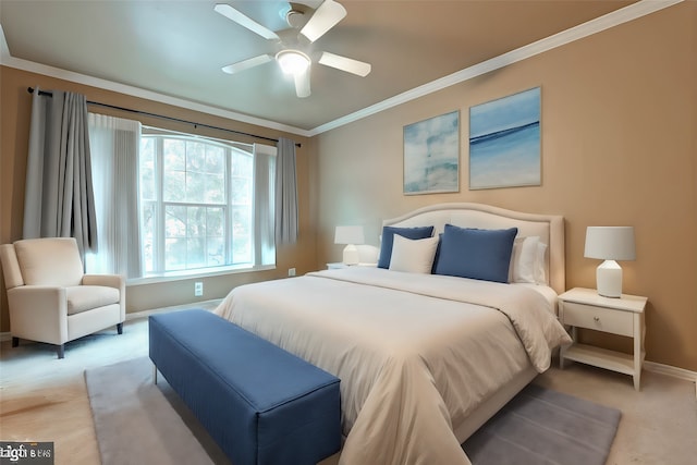 bedroom with ceiling fan and ornamental molding