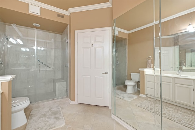 bathroom with a shower with door, tile patterned flooring, vanity, crown molding, and toilet