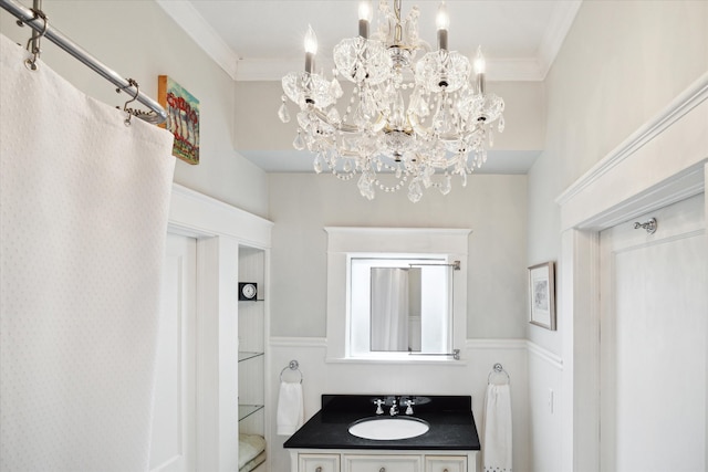 bathroom featuring vanity, curtained shower, crown molding, and a notable chandelier