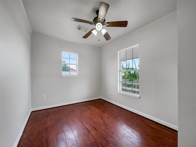 unfurnished room with ornamental molding, ceiling fan, and dark hardwood / wood-style floors