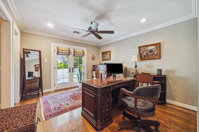 office featuring french doors, ceiling fan, crown molding, and wood-type flooring