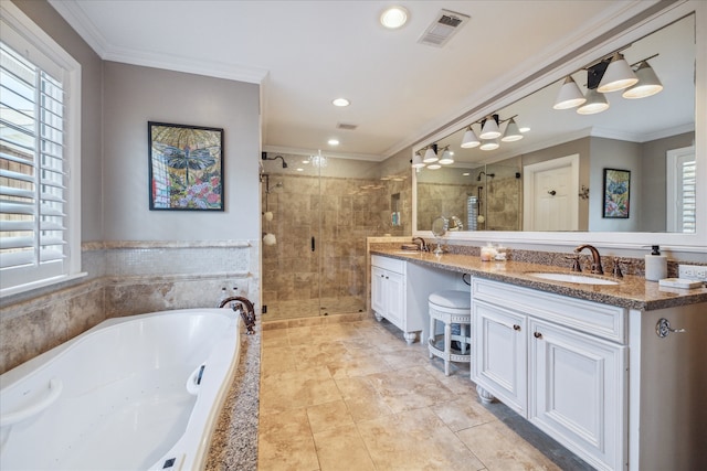 bathroom with shower with separate bathtub, vanity, and crown molding