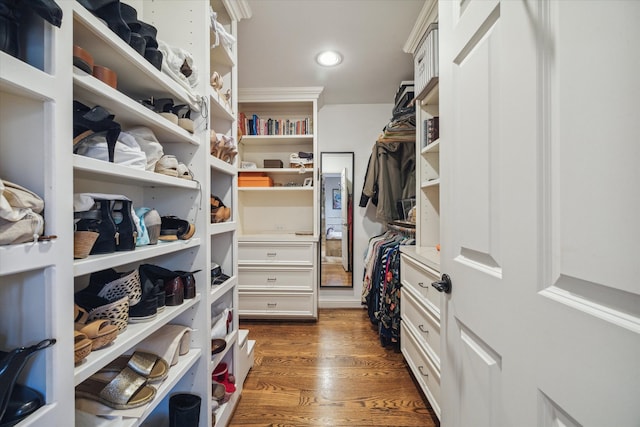 spacious closet with dark hardwood / wood-style floors