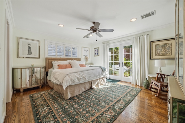 bedroom with french doors, access to outside, ceiling fan, and dark wood-type flooring