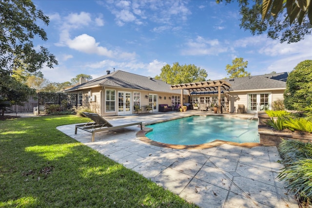 view of swimming pool with french doors, a pergola, a diving board, a patio, and a lawn