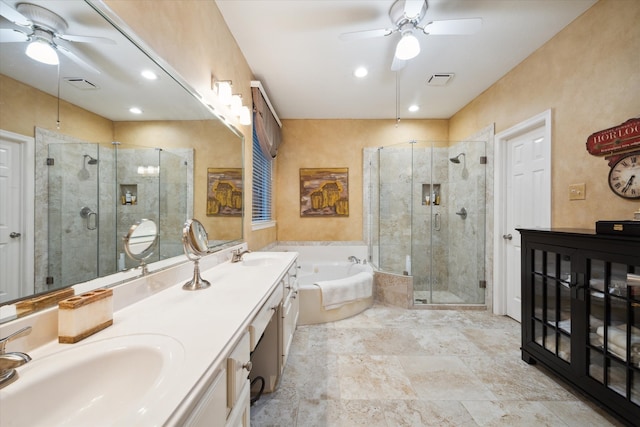 bathroom featuring vanity, plus walk in shower, and ceiling fan