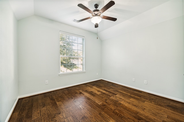 unfurnished room featuring ceiling fan, hardwood / wood-style floors, and vaulted ceiling