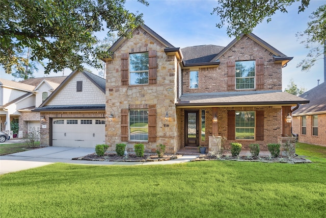 craftsman-style home with a garage and a front lawn