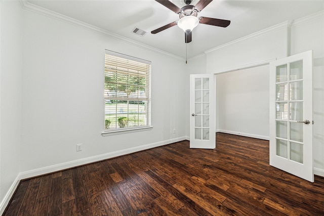 unfurnished room with french doors, ornamental molding, dark wood-type flooring, and ceiling fan