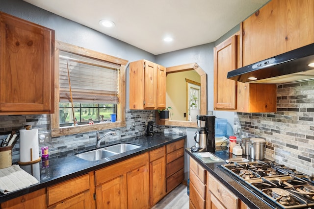 kitchen with decorative backsplash, light hardwood / wood-style floors, sink, and stainless steel gas stovetop