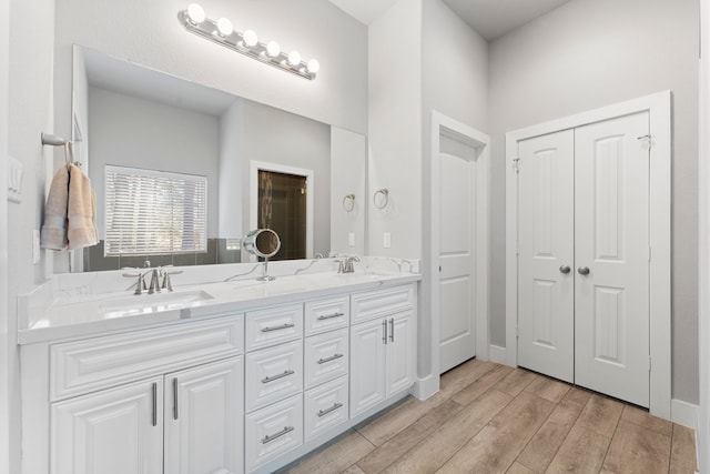 bathroom with wood-type flooring and vanity