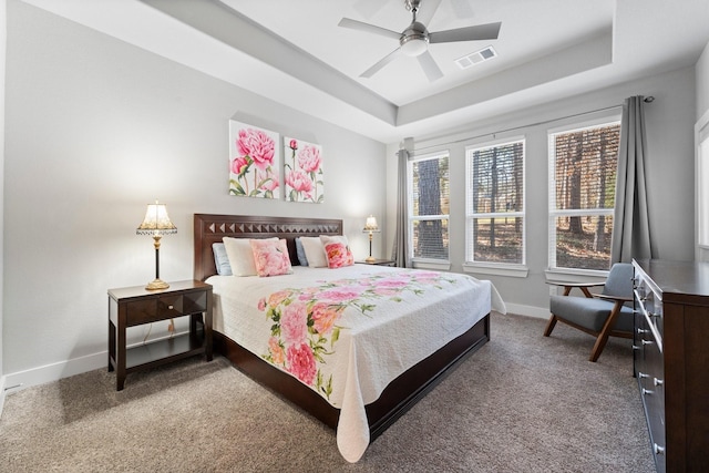 63 Shetland Ln, Coldspring, TX 77331 - carpeted bedroom featuring a tray ceiling, baseboards, and a ceiling fan