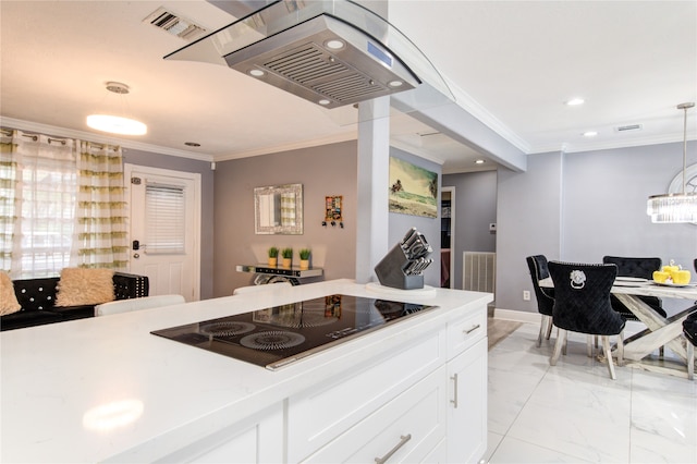 kitchen featuring island range hood, crown molding, black electric stovetop, white cabinetry, and hanging light fixtures