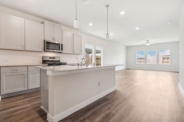 kitchen featuring stainless steel appliances, plenty of natural light, dark wood finished floors, and decorative backsplash