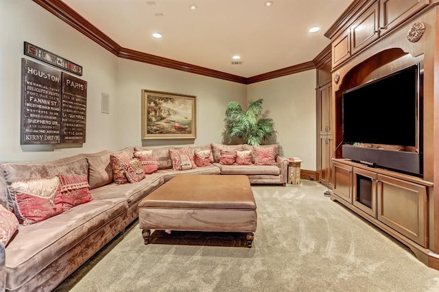 living room featuring carpet flooring and crown molding