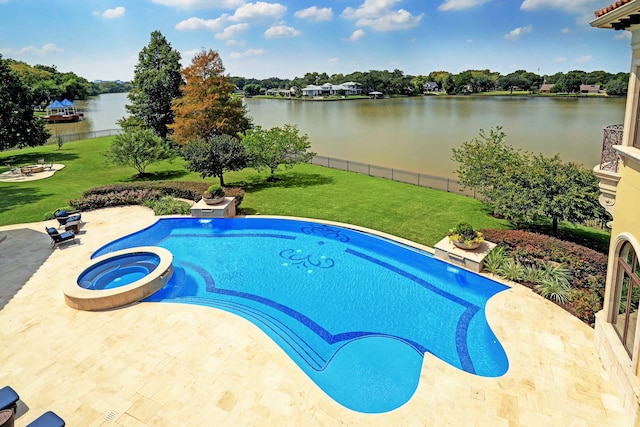 view of pool featuring a lawn, an in ground hot tub, a water view, and a patio area