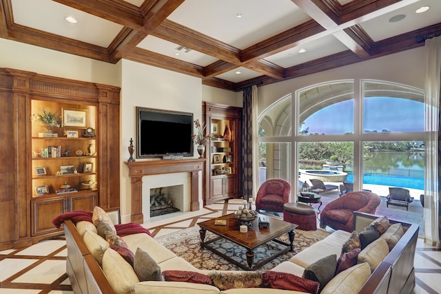 living room with beamed ceiling, crown molding, and coffered ceiling