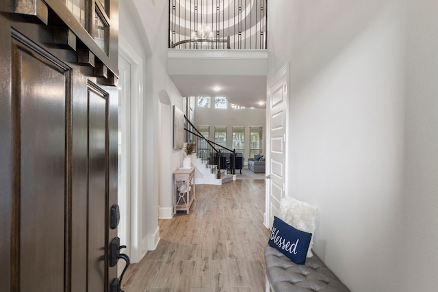 foyer featuring hardwood / wood-style floors and a high ceiling