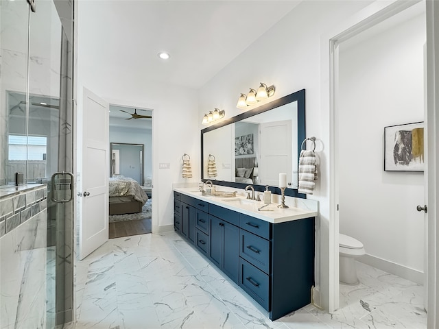 bathroom featuring walk in shower, ceiling fan, vanity, and toilet