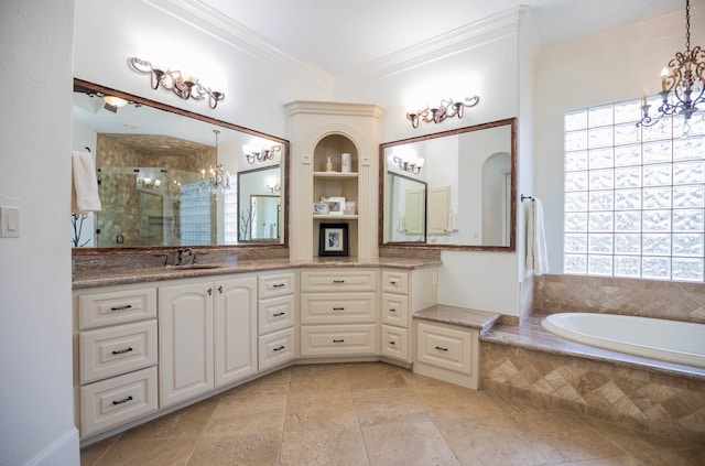 bathroom with ornamental molding, shower with separate bathtub, and vanity