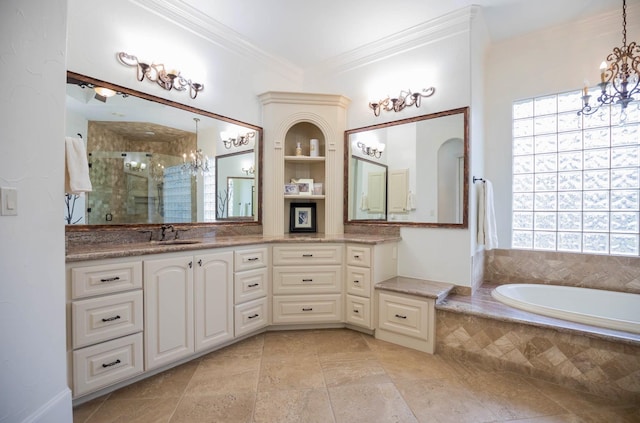 66 Bees Creek Rd, Missouri City, TX 77459 - bathroom with a chandelier, a shower stall, vanity, a garden tub, and crown molding