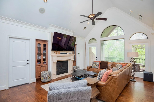 66 Bees Creek Rd, Missouri City, TX 77459 - living room with a ceiling fan, a glass covered fireplace, wood finished floors, and high vaulted ceiling