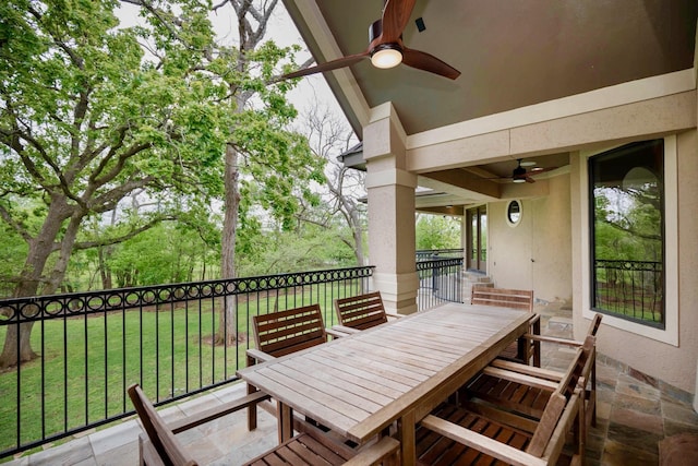 66 Bees Creek Rd, Missouri City, TX 77459 - deck with a ceiling fan, outdoor dining space, and a yard