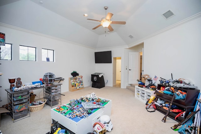 game room featuring ornamental molding, lofted ceiling, ceiling fan, and carpet floors