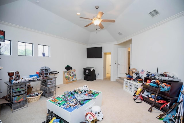 66 Bees Creek Rd, Missouri City, TX 77459 - game room with ornamental molding, a ceiling fan, and carpet flooring