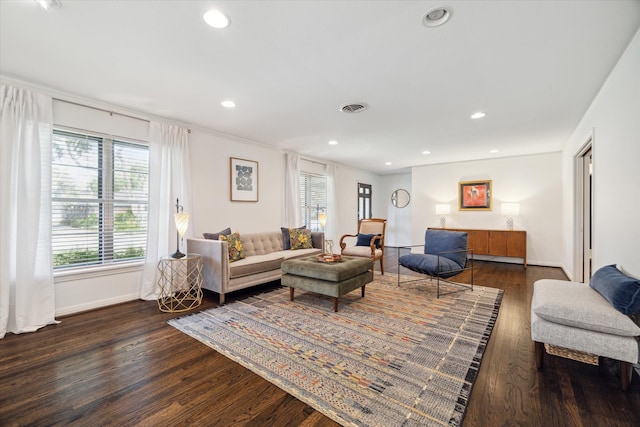 living room with dark hardwood / wood-style flooring