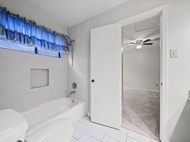 bathroom featuring toilet, shower / bathing tub combination, tile patterned floors, and ceiling fan