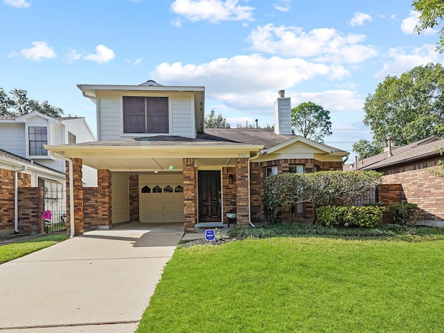 view of front of home with a garage and a front lawn