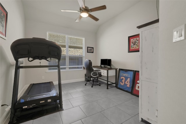 office with lofted ceiling, light tile patterned floors, and ceiling fan