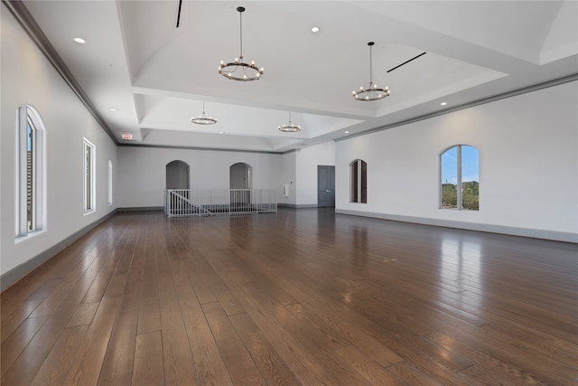 unfurnished living room with dark hardwood / wood-style flooring and a raised ceiling