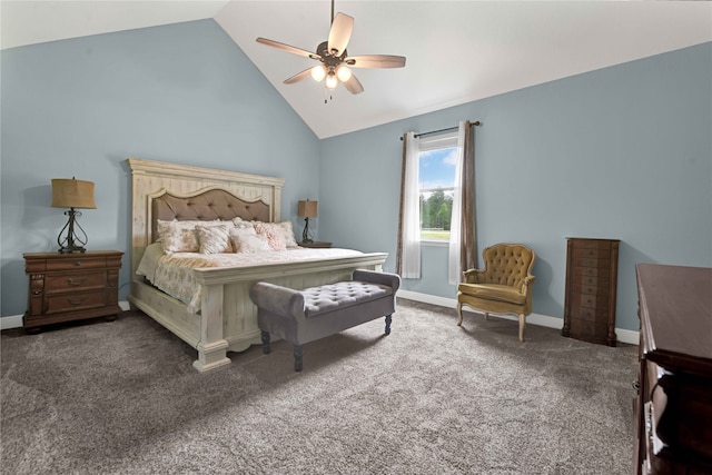 carpeted bedroom featuring high vaulted ceiling and ceiling fan