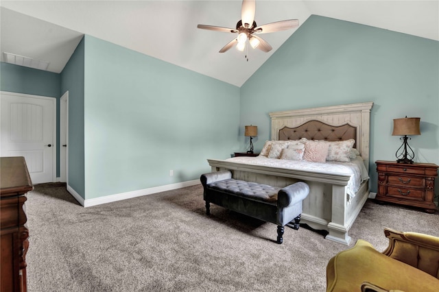 carpeted bedroom featuring ceiling fan and high vaulted ceiling